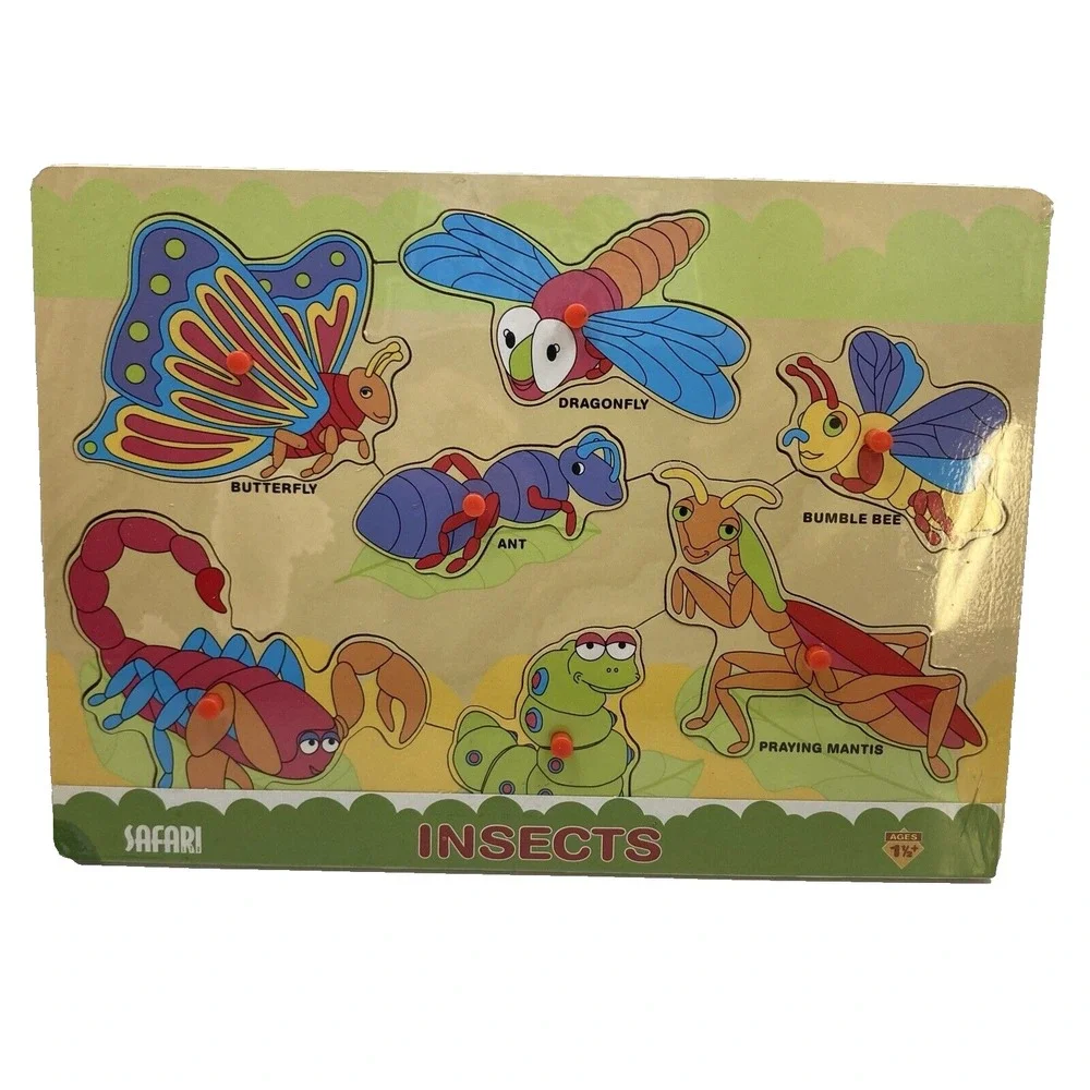 New Safari Insect‎ Wooden Chunky 7 Piece Toddler Puzzle With Pegs 11.75